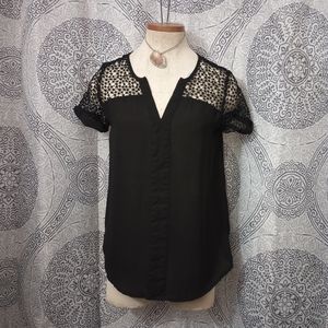Japna Black V-Neck Crochet Shoulders Blouse Size Small